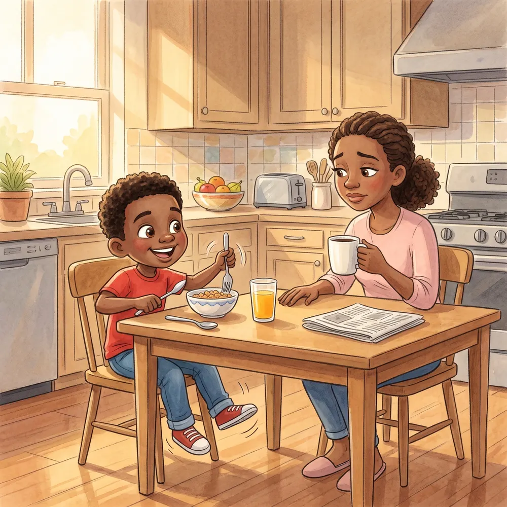 Miles taps his fork and grins at the breakfast table while his mom holds a coffee mug.
