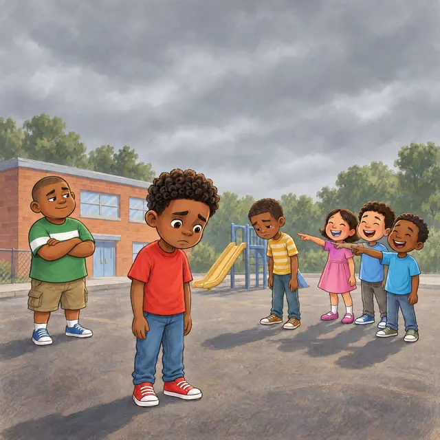 On the school blacktop, Miles looks down while a group of kids point and laugh.