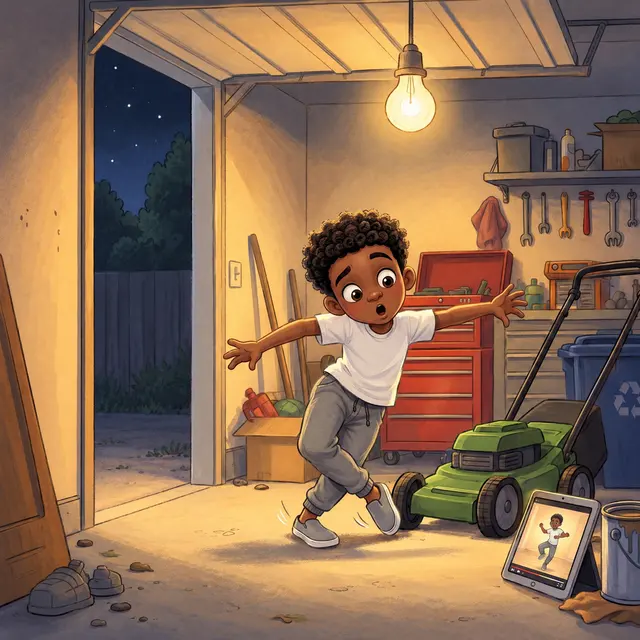 Miles practices dance moves alone in the garage at night, next to a lawnmower and a tablet playing a video.