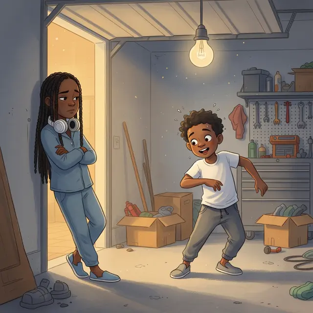 Miles's big sister Nia leans in the garage doorway watching him practice his dance.
