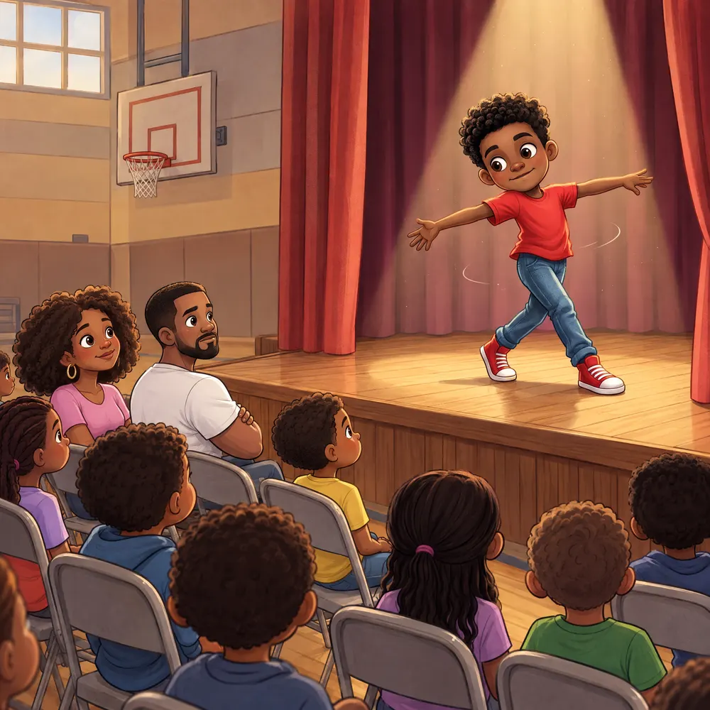 Miles dances on the school stage while families watch from folding chairs.