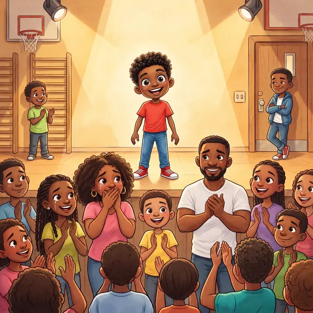 A gym full of kids and parents stand and clap for Miles after his dance.