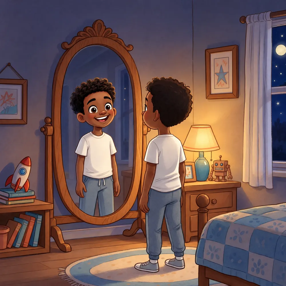 Miles smiles at his reflection in a bedroom mirror at night.