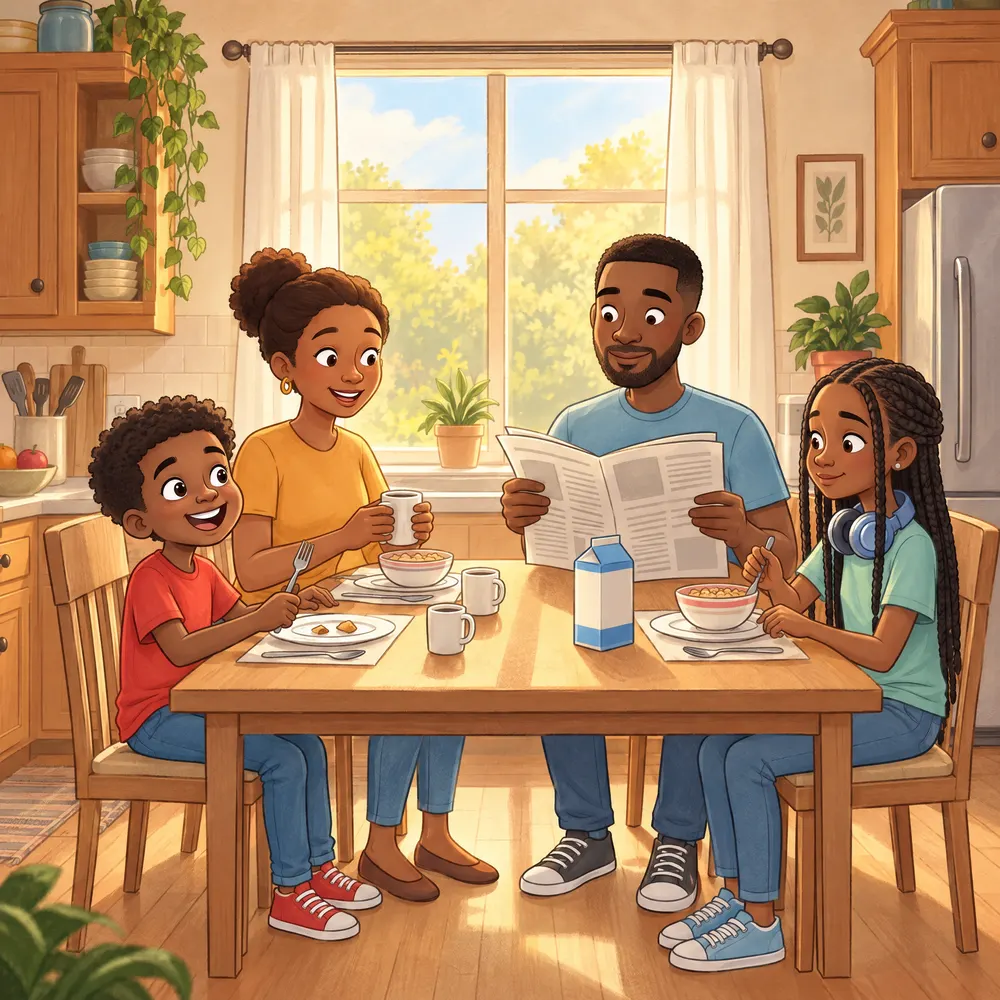 Miles and his family at the breakfast table the next morning, everyone smiling.